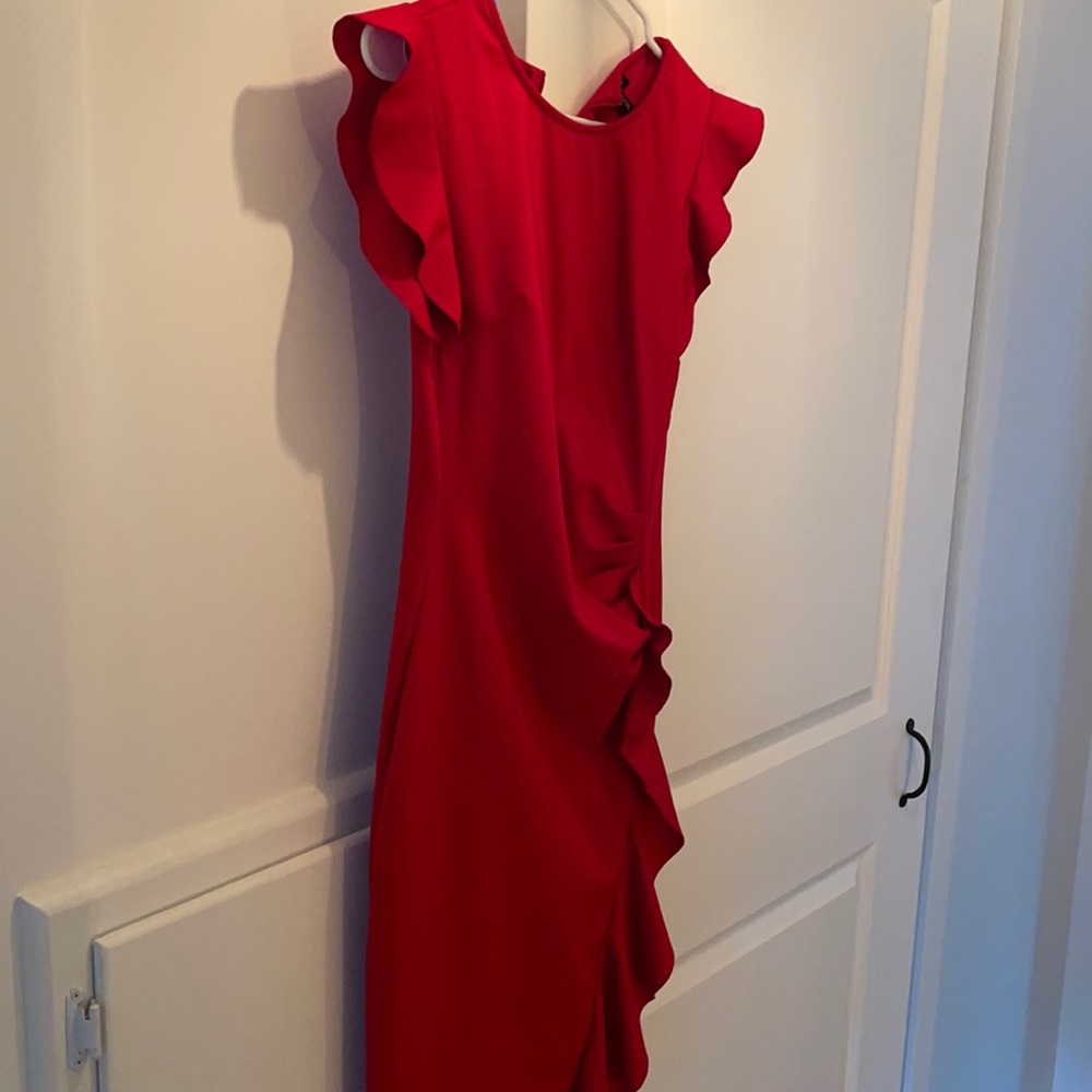 Red midi dress with fluttery sleeves